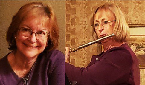 Two pictures of two women playing flutes.